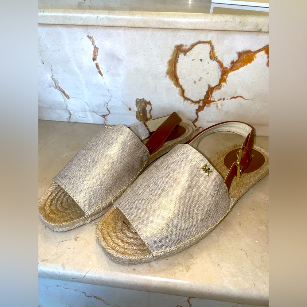 Michael Kors FISHER ESPADRILLE METALLIC LINEN pale gold size 9 women
